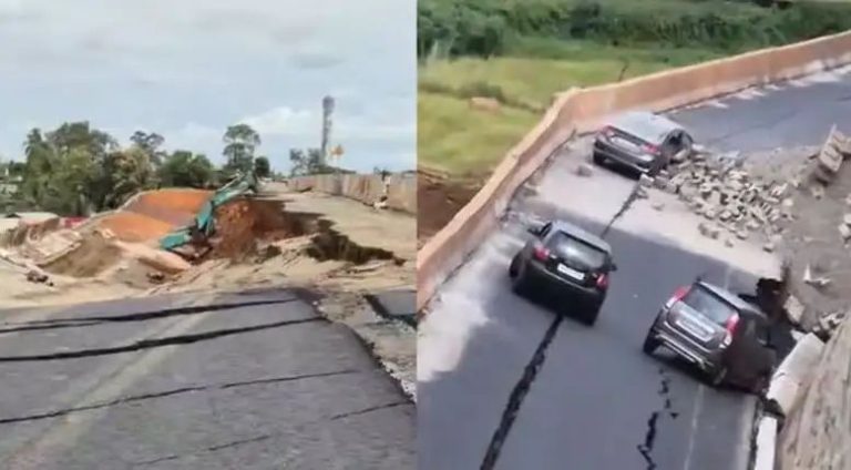 കൂരിയാട് സര്‍വീസ് റോഡ് ഇടിഞ്ഞു ; ആറ് വരിപാതയുടെ ഭാഗവും സര്‍വീസ് റോഡിലേക്ക് ഇടിഞ്ഞു വീണു