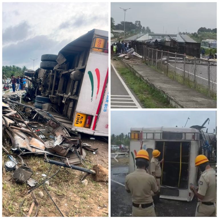 കോഴിക്കോട്-ബെംഗളൂരു KSRTC ബസ് നിയന്ത്രണം വിട്ട് തലകീഴായി മറിഞ്ഞു; ഡ്രൈവർക്കും കണ്ടക്ടർക്കും ദാരുണാന്ത്യം.